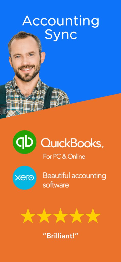 Invoice ASAP: Field Service - Marketing graphic showing a contractor and accounting sync with QuickBooks and Xero logos