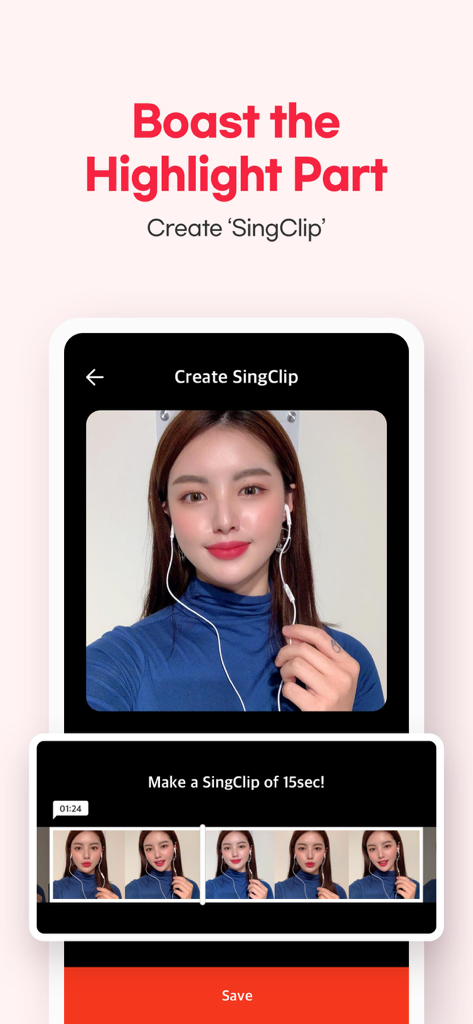 SOMESING with K-pop - A woman using the SOMESING app interface to create a 15-second video highlight clip of her singing performance