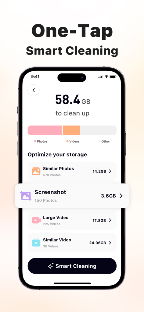 Interface of Clear Nest app showing 58.4 GB of storage to clean with options for similar photos screenshots and large videos