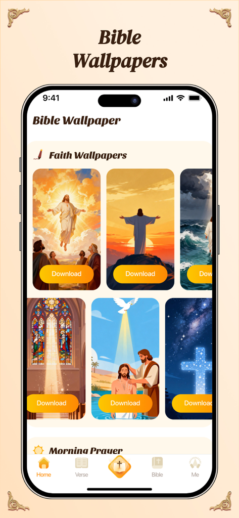 Bible Wallpaper - Un teléfono inteligente mostrando una galería de fondos de pantalla de fe cristiana con Jesús, una cruz brillante y vidrieras de iglesia con botones de descarga.