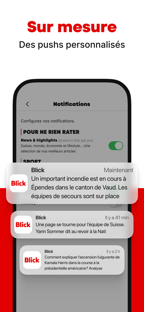 Blick app screen showing customizable notification settings and example news alerts on a smartphone
