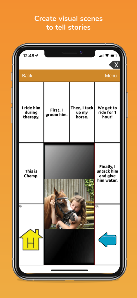 TouchChat HD - AAC - TouchChat HD AAC app interface showing a visual scene with a photo and text buttons for storytelling