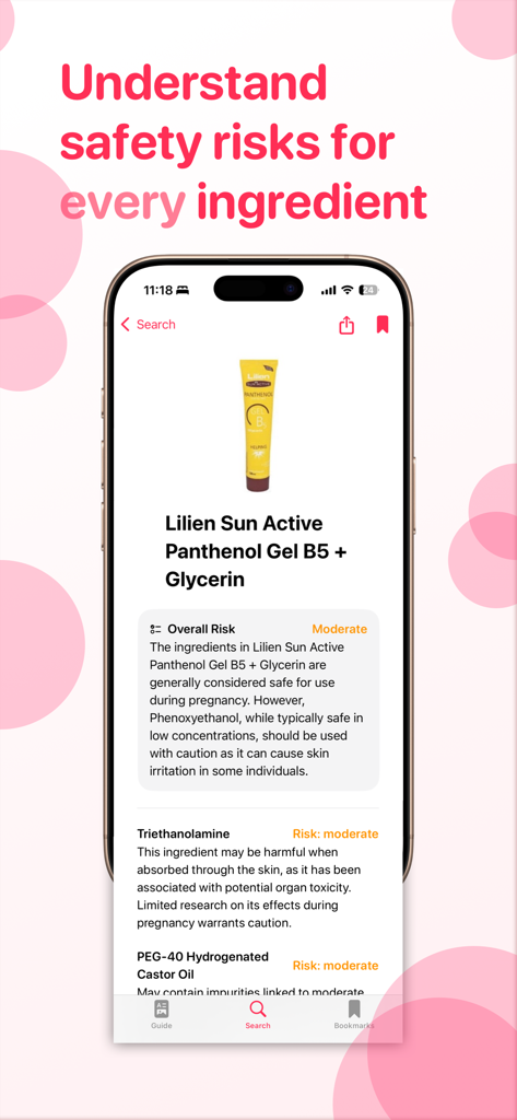 UltraScan app showing a detailed safety risk breakdown for skincare ingredients during pregnancy.