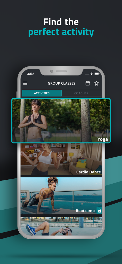 BTFIT: Personal trainer online - BTFIT app interface showing a selection of fitness classes like Yoga, Cardio Dance, and Bootcamp.