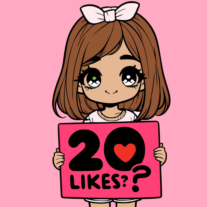cute realistic girl holding a sign that says 20 likes?
