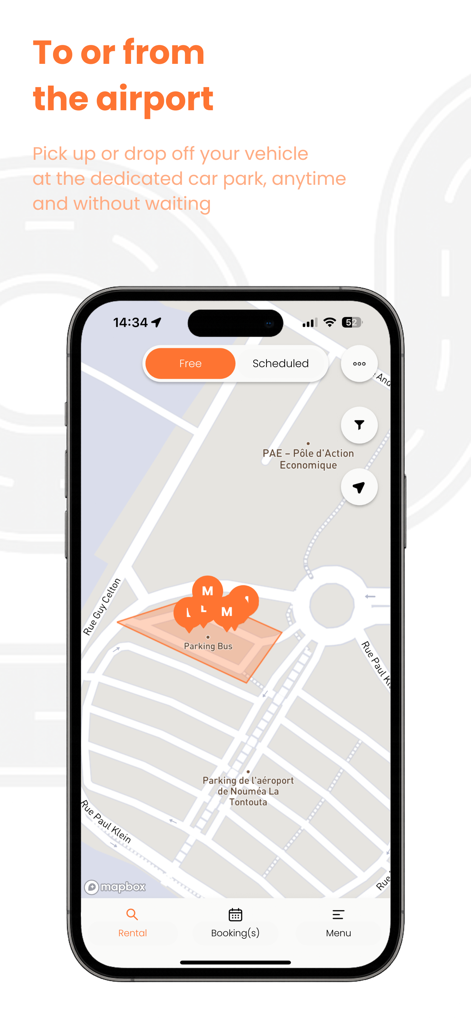 Papaye: 24/7 Car-Sharing - The Papaye car-sharing app interface showing vehicle pick up and drop off locations at an airport.