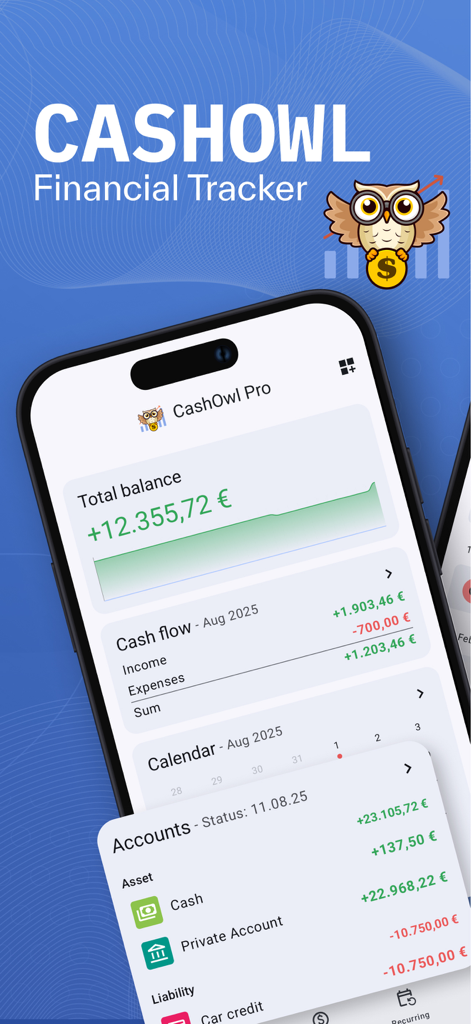Interfaz de la aplicación CashOwl que muestra el saldo total, el flujo de caja y un resumen de las cuentas de activos