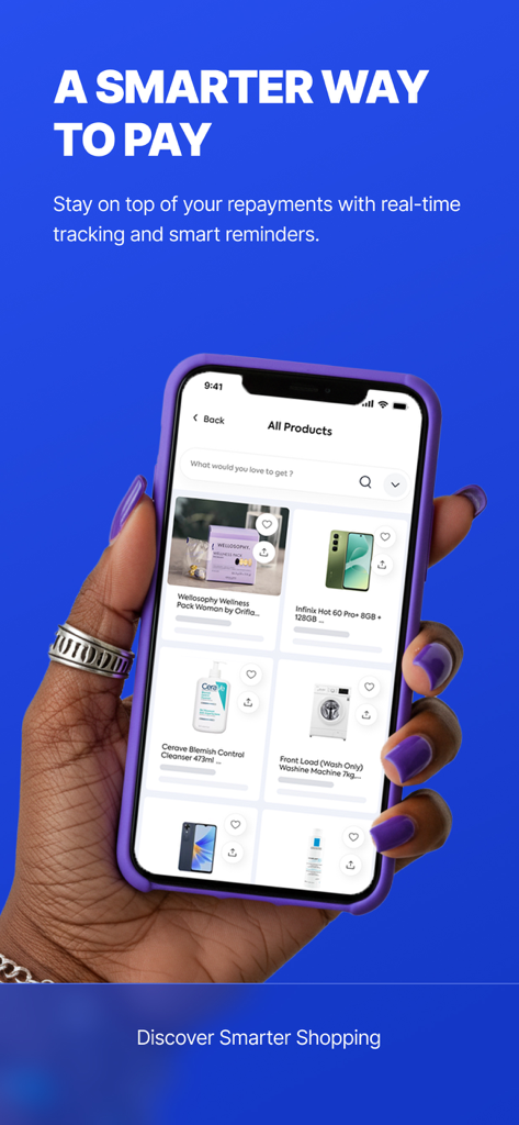 CredPal - CredPal app interface displaying a product catalog for electronics and skincare with buy now pay later options