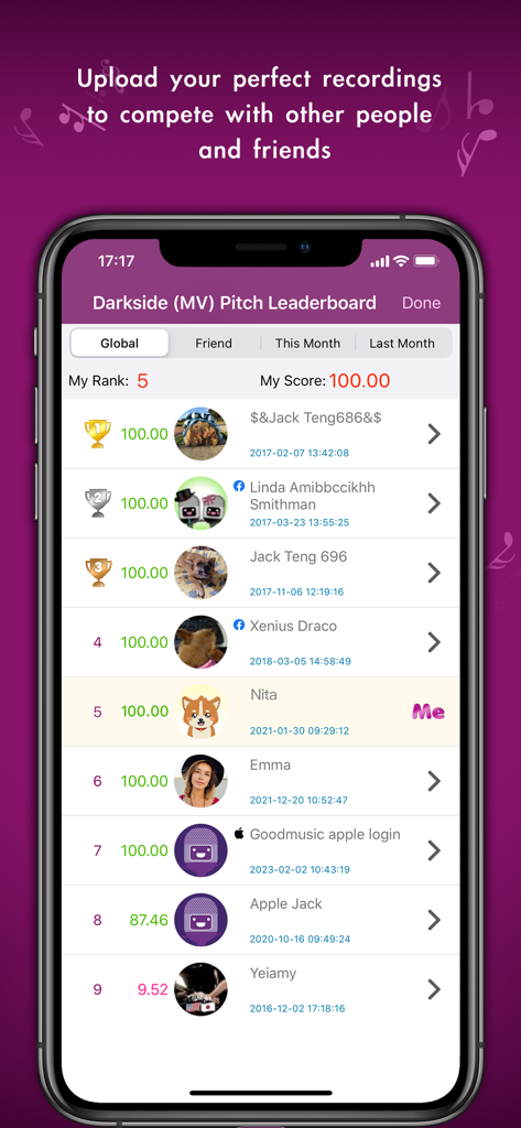 KaraDoReMi - Your Karaoke Pal - Una tabla de clasificación de tono global en la aplicación KaraDoReMi que muestra las clasificaciones de las canciones y las puntuaciones de los usuarios.