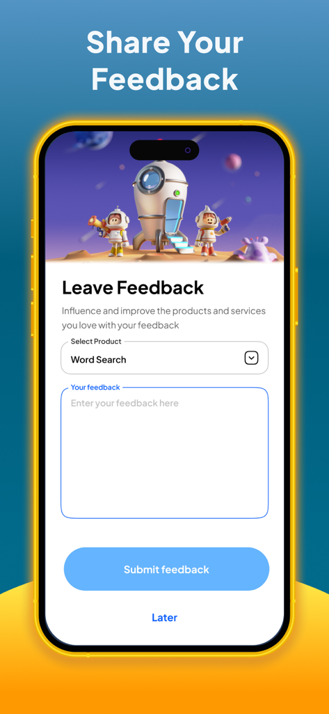 Playtest Pro - Playtest Pro mobile app interface showing a feedback submission form with a space-themed illustration