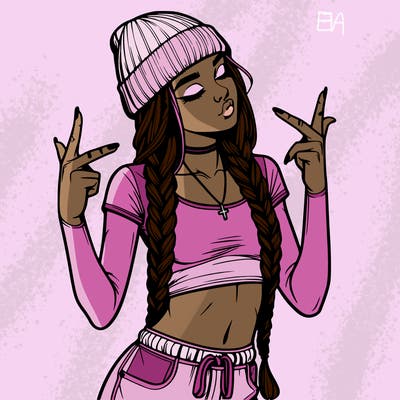 realistic teenage girl with braids and a beanie and crop top doing 🫶🏼