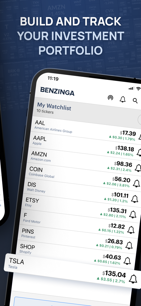 Benzinga app screen showing a personalized stock watchlist with real-time price data and price changes.