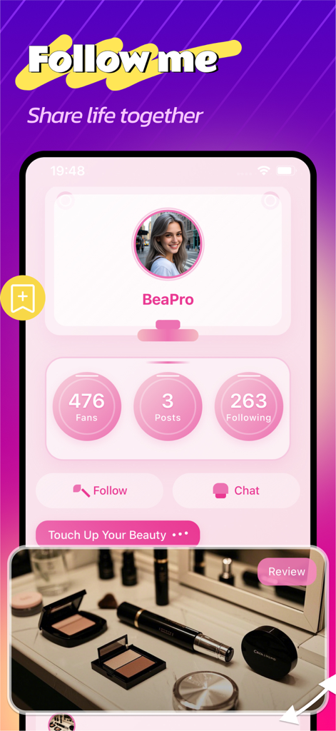 User profile screen on the Mira beauty app showing followers and makeup review post