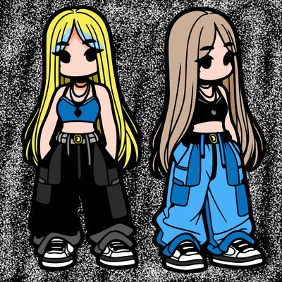 girl in baggy pants crop top and long hair