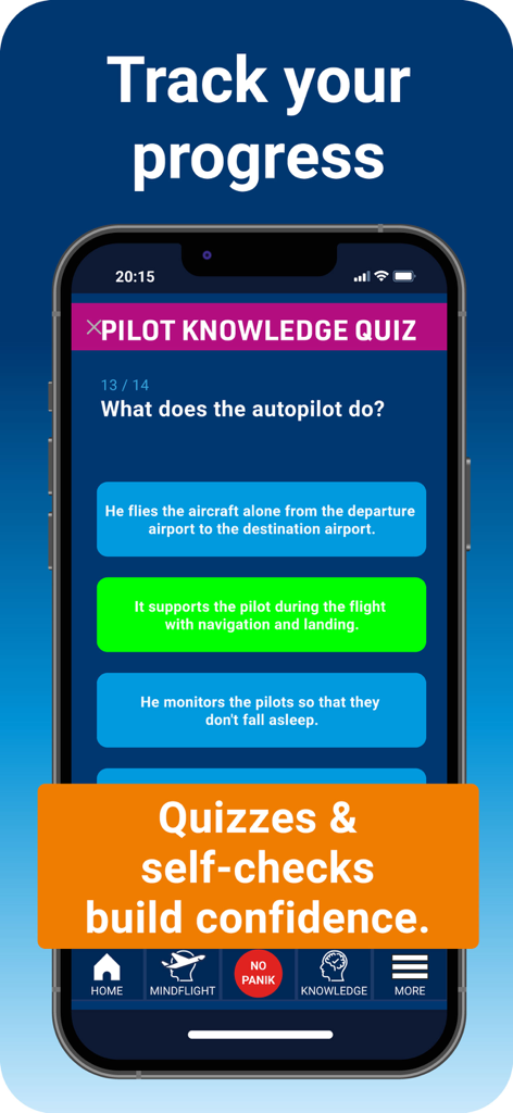 PassengerGuard: Fear of Flying - Pantalla de cuestionario de conocimientos de piloto en la aplicación PassengerGuard para el miedo a volar