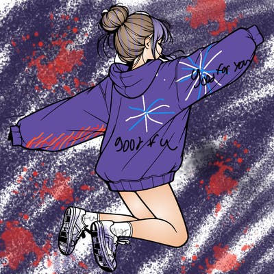 realistic girl jumping with a bun and oversized sweatshirt