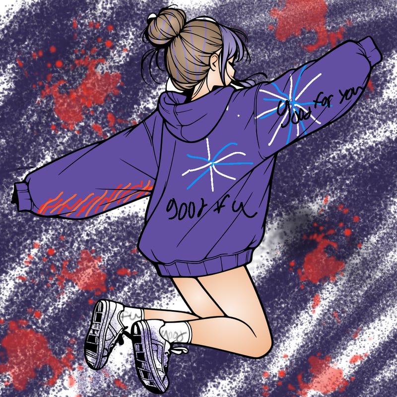 realistic girl jumping with a bun and oversized sweatshirt