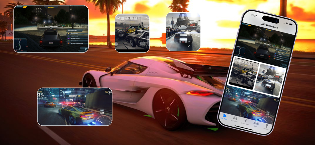 Schermata dell'iPhone che mostra sfondi di auto Drift Xtreme e funzionalità di gestione noleggi