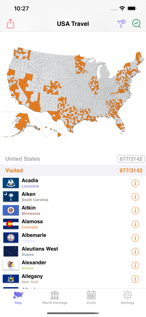 USA Travel: I've Been in US - Un mapa de los Estados Unidos con condados visitados resaltados en naranja junto con una lista de ubicaciones en la aplicación USA Travel.