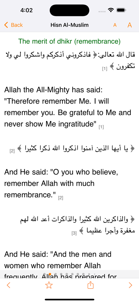 Bilingual Arabic and English text displaying the merits of dhikr on the Hisn Al-Muslim app