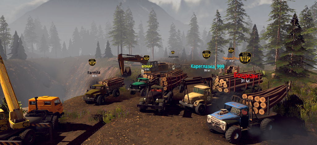 RTHD Offroad online 2025 - Múltiples camiones madereros y maquinaria pesada reunidos en un entorno forestal durante una sesión multijugador en RTHD Offroad.