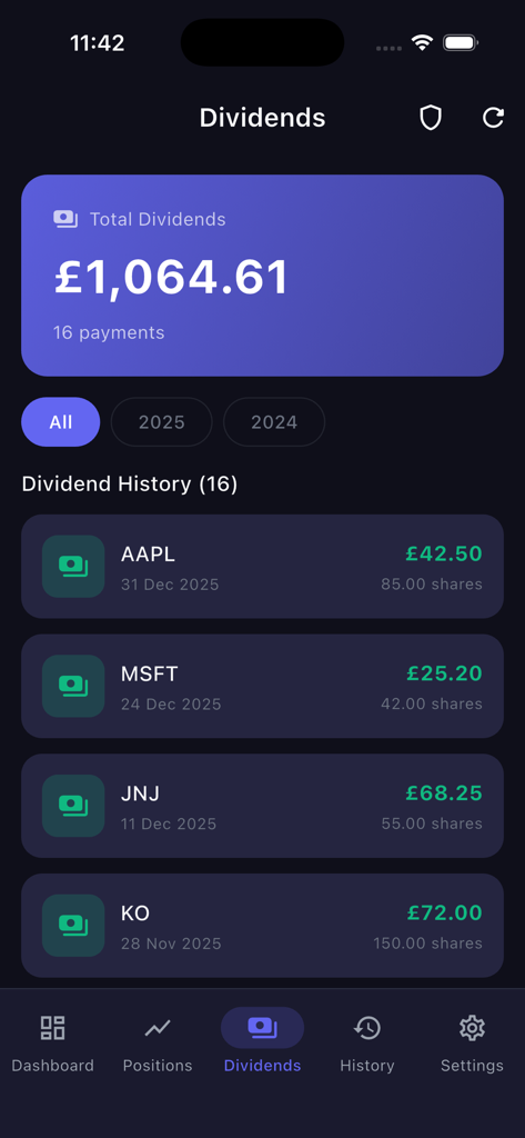 212 Portfolio - Dividendenbildschirm der 212 Portfolio-App, der die gesamten Einnahmen und eine detaillierte Historie von Aktienschüttungen in einer sauberen Dark-Mode-Benutzeroberfläche zeigt