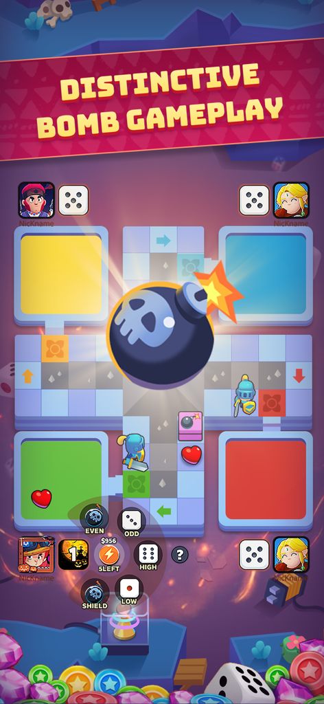 Ludo Land-Dice Board Game - Ludo Land game screenshot showing the distinctive bomb gameplay mode with a cartoon skull bomb on the board