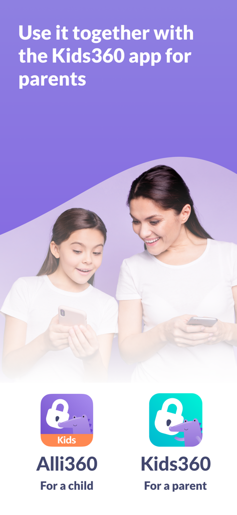 Mother and daughter using smartphones with Alli360 child and Kids360 parent app icons