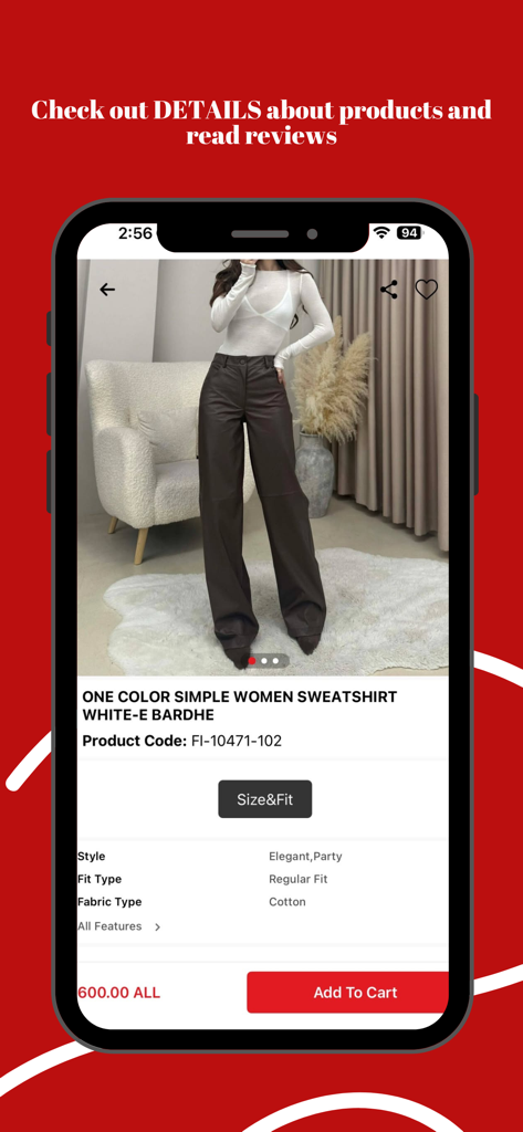 Klaudio Fashion - Product details screen in the Klaudio Fashion app displaying a women sweatshirt with style info and an add to cart button