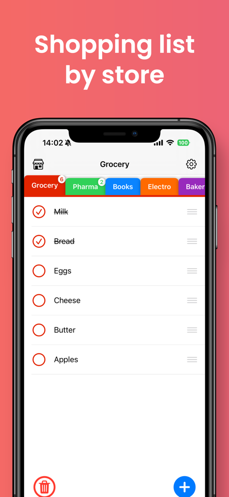 Shopping List by Store - 色分けされた店舗別タブを備えた買い物リストモバイルアプリ