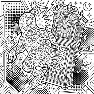 Experience the thrill of a phantom ooze making its way through a classic grandfather clock, all rendered in an explosive Pop Art style. This captivating design is perfect for those who love bold lines and dynamic comic-book aesthetics.