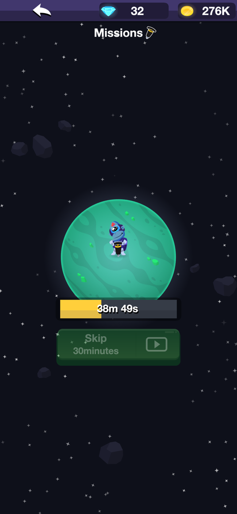 Planet Miner FRVR - Un personaje de mono espacial realizando una misión en un planeta verde con un temporizador de cuenta regresiva en Planet Miner FRVR