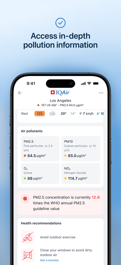 IQAir app interface showing air quality data and health recommendations for Los Angeles