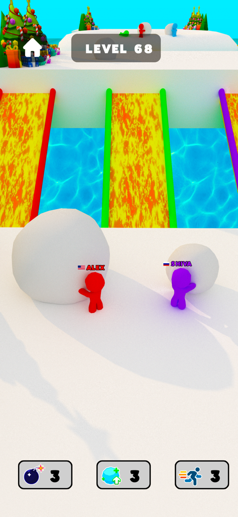 Snow Race 3D™: Fun Xmas Racing - Deux joueurs faisant rouler de grosses boules de neige sur une plateforme enneigée lors d'une course dans Snow Race 3D.