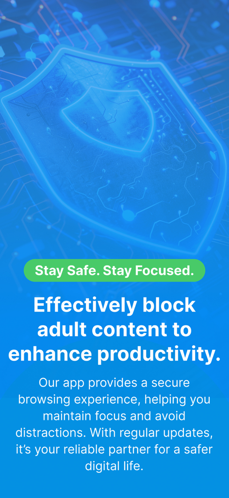 Porn Blocker: PurePath - Tela do aplicativo PurePath apresentando um ícone de escudo azul e texto sobre o bloqueio de conteúdo adulto para aumentar a produtividade