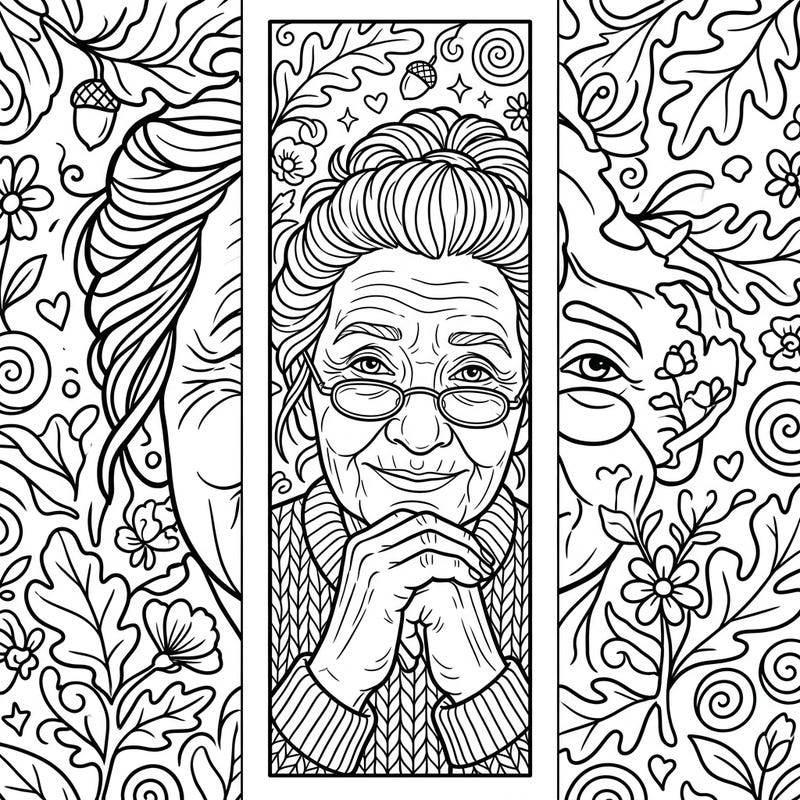 Immerse yourself in the calming art of coloring with this elegant bookmark featuring a wise elderly woman. This intricate design is perfect for personalizing your reading adventures or gifting to a beloved elder.