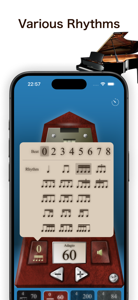 Interface of the Metronome by Piascore app showing options for different beats and musical rhythms