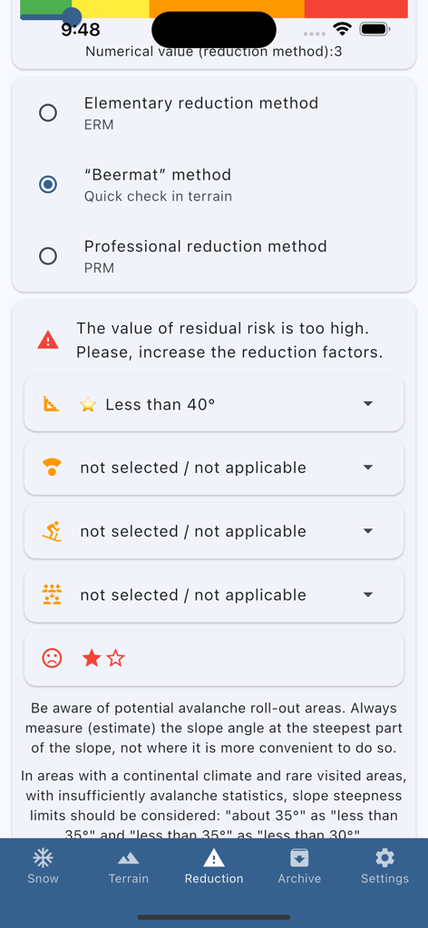 Nivocheck 1.0 - Nivocheck 1.0 app interface for local avalanche risk assessment showing the Beermat reduction method and terrain analysis.