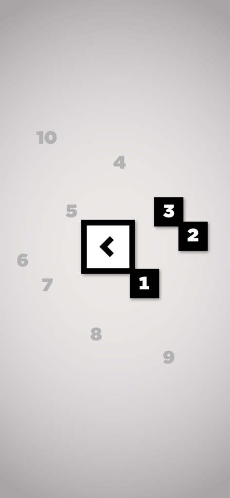 Minimalist spatial puzzle game interface with numbered black tiles on a grey background