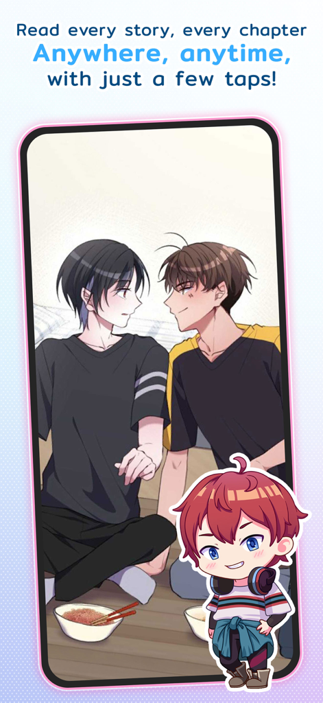 Yaomic: Comics, Fiction, Yaoi - Uma cena romântica de um quadrinho BL no aplicativo Yaomic apresentando dois personagens masculinos de anime.