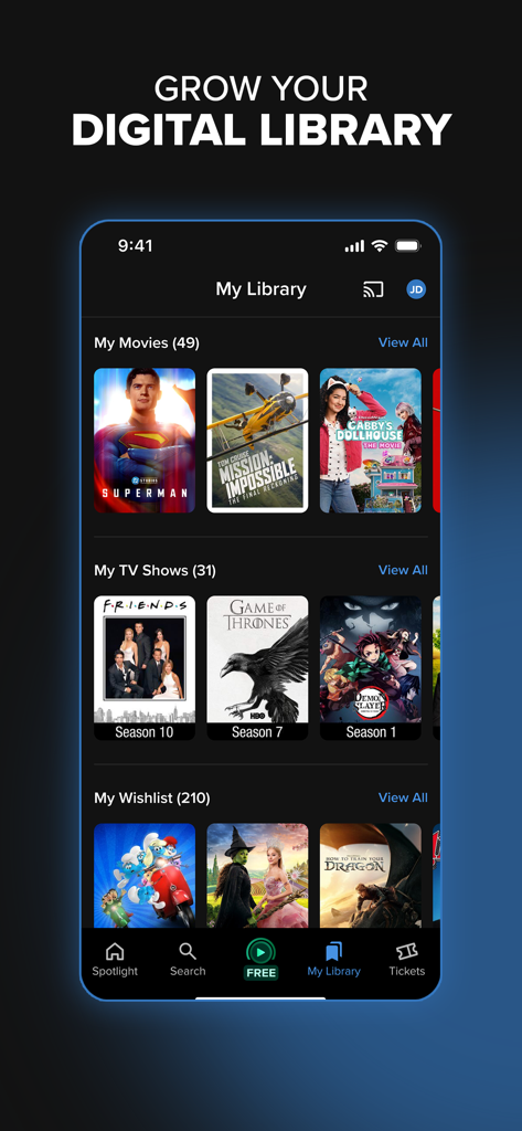 Fandango at Home app My Library screen showing purchased movies and TV shows