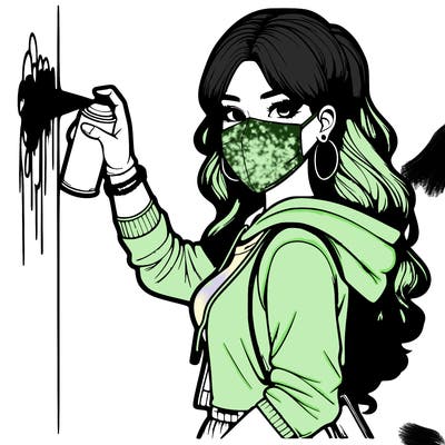 realistic girl with mask spray painting a wall