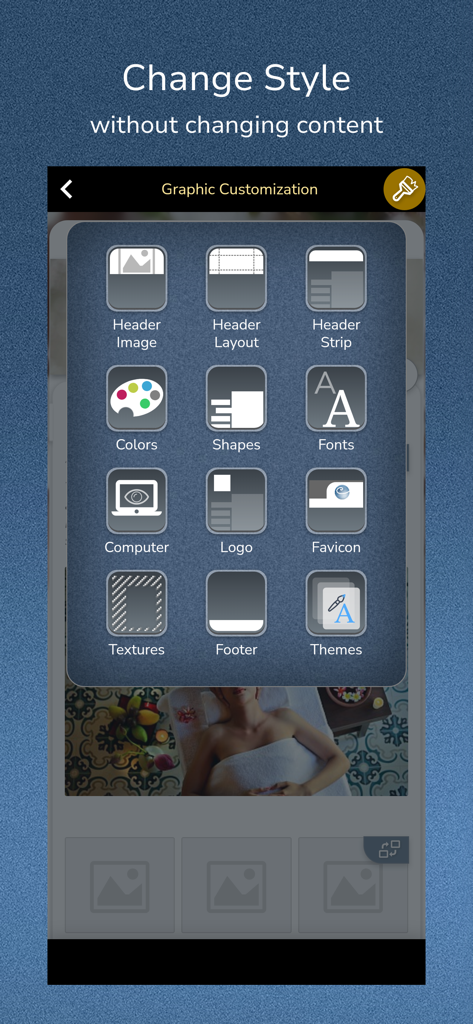 SimDif — Website Builder - Interface du créateur de sites web SimDif présentant les options de personnalisation graphique pour les couleurs, les polices et les thèmes