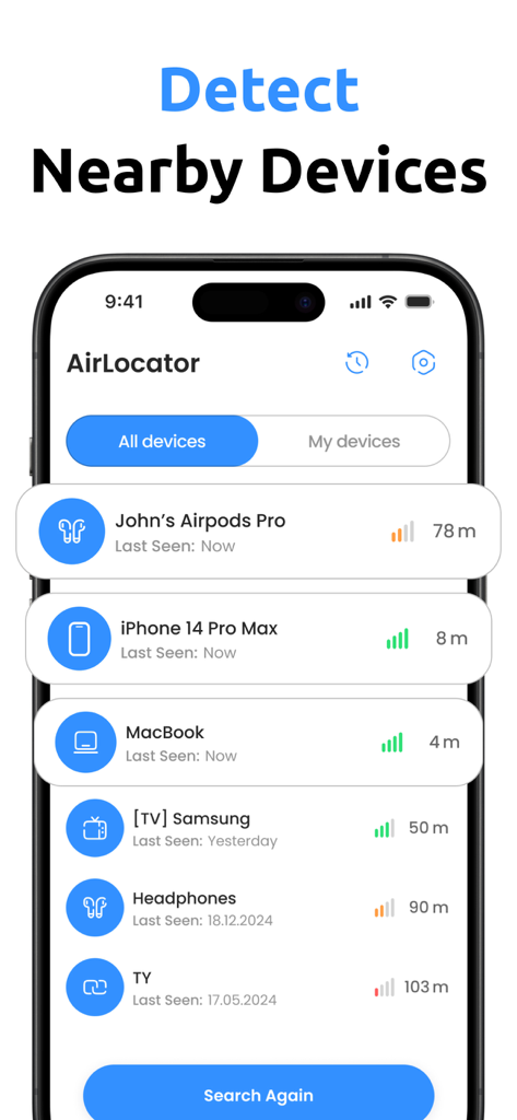 Find My Pods & Lost Device - 距離と信号品質が表示された近くのBluetoothデバイスのリストを表示するFind My Podsアプリのインターフェース。
