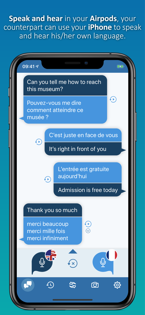 Voice translation interface showing a conversation between English and French with AirPods support