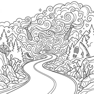 Celebrate Father's Day with an imaginative coloring page featuring a mysterious foggy road. Discover a landscape filled with symbols of adventure and appreciation for dads, from tools to outdoor gear.