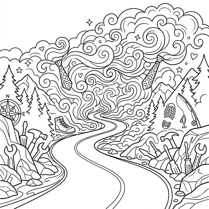 Celebrate Father's Day with an imaginative coloring page featuring a mysterious foggy road. Discover a landscape filled with symbols of adventure and appreciation for dads, from tools to outdoor gear.