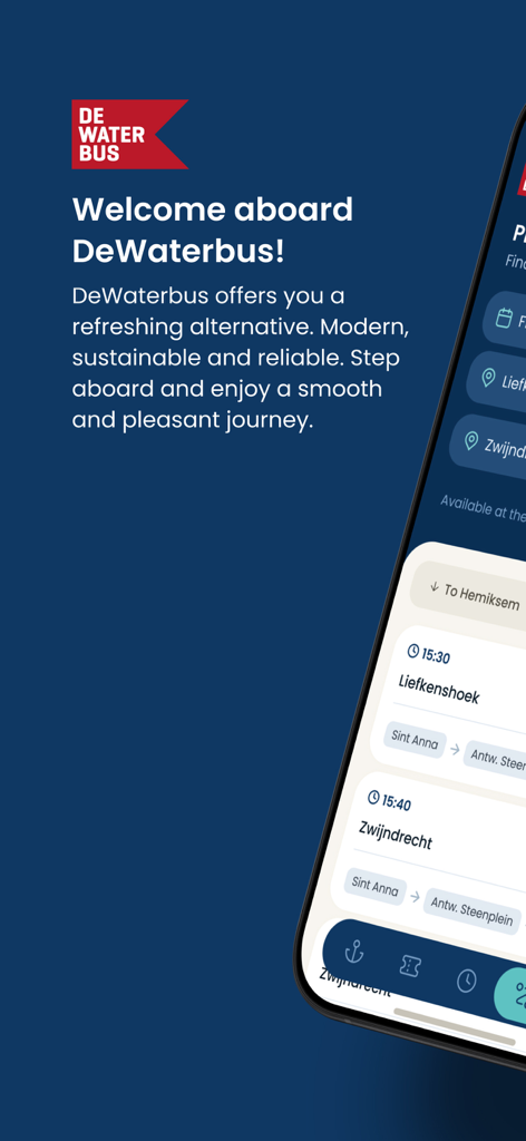DeWaterbus - DeWaterbusアプリのウェルカムメッセージとフェリーチケット表示があるスプラッシュスクリーン