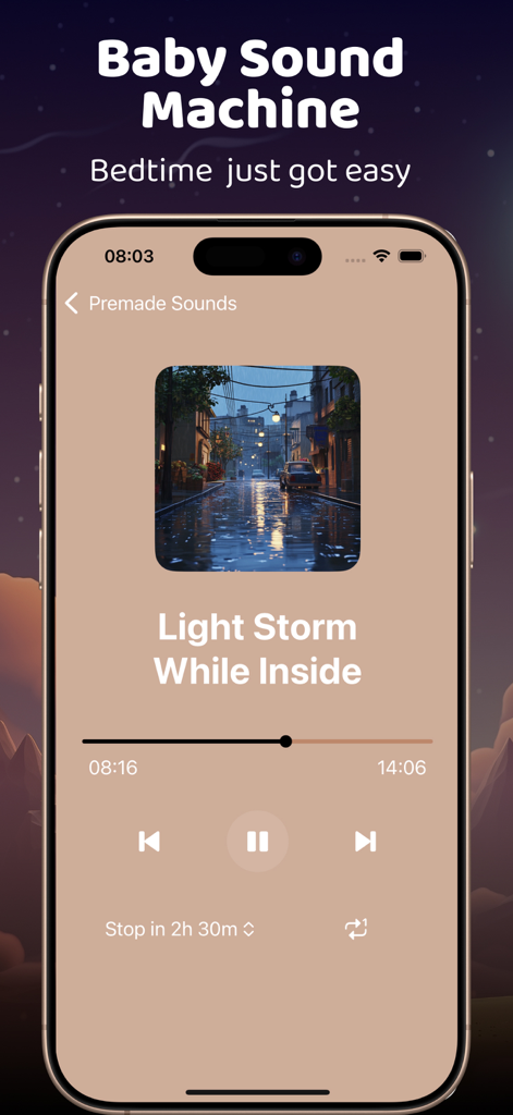 Baby Sleep Sounds by Comfy - Interfaz de una aplicación móvil para Sonidos para dormir bebés que muestra un reproductor de sonido para "Light Storm While Inside" con controles de reproducción y un temporizador de sueño