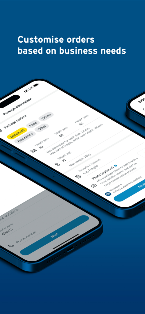 GoGoX mobile app interface for entering package information and customizing delivery orders.